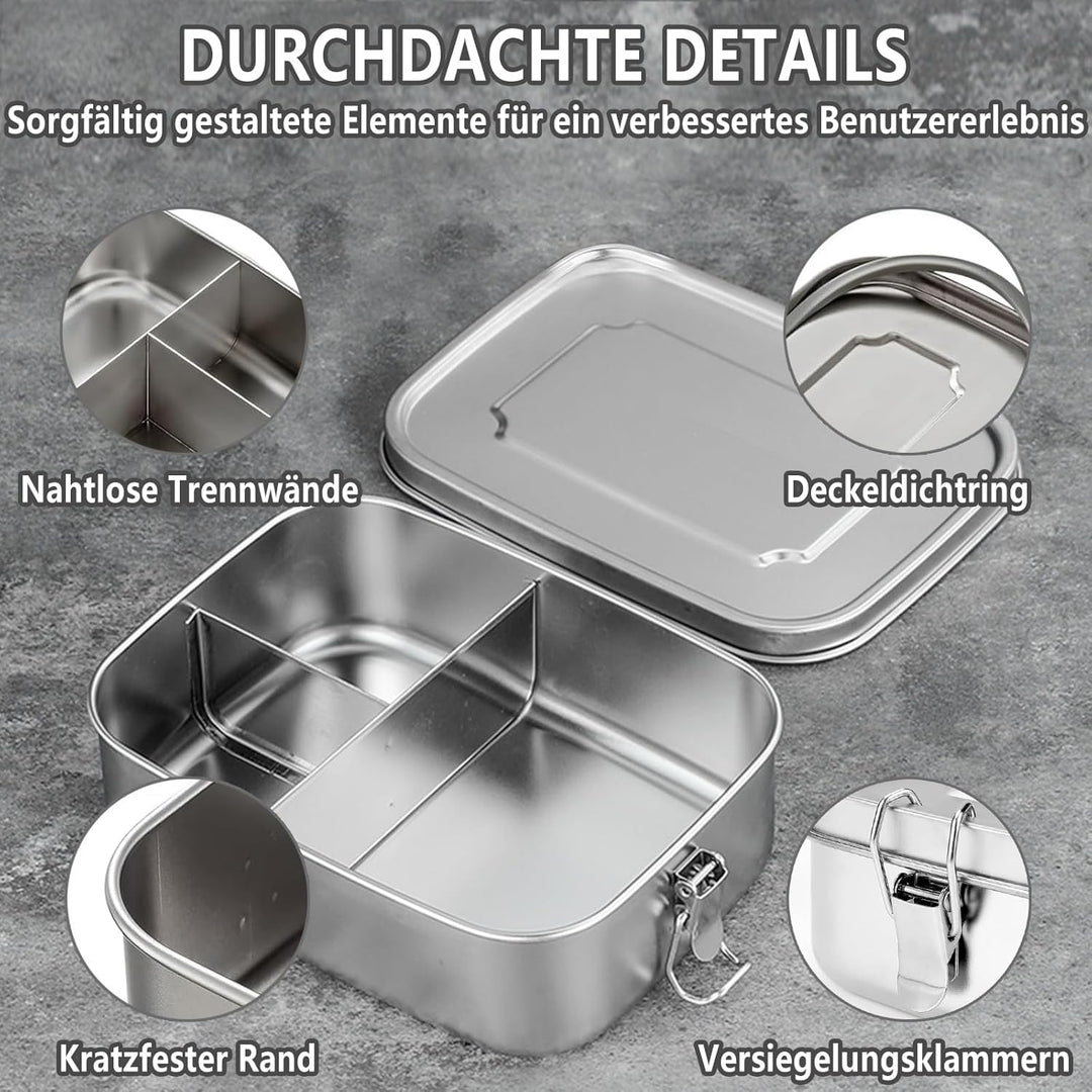 Brotdose Edelstahl mit 3 Fächern und Dichtring,1200ml Lunchbox Auslaufsicher,Vesperdose Butterbrotdo