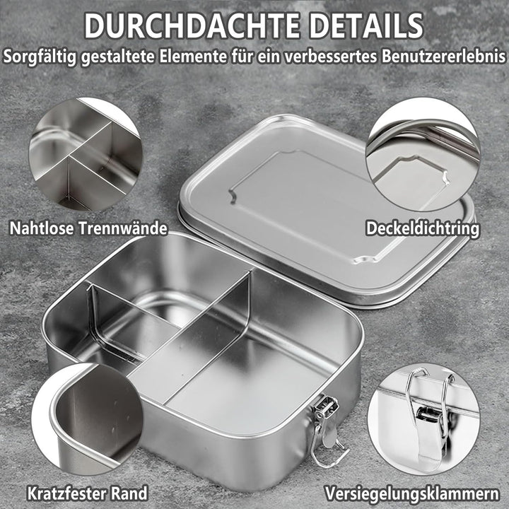 Brotdose Edelstahl mit 3 Fächern und Dichtring,1200ml Lunchbox Auslaufsicher,Vesperdose Butterbrotdo