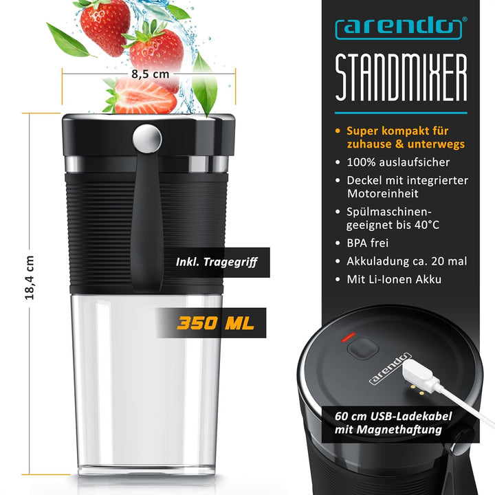 Arendo - tragbarer kabelloser Mixer 350 ml – Standmixer - Smoothie Maker to GO – mit Akku - BPA frei