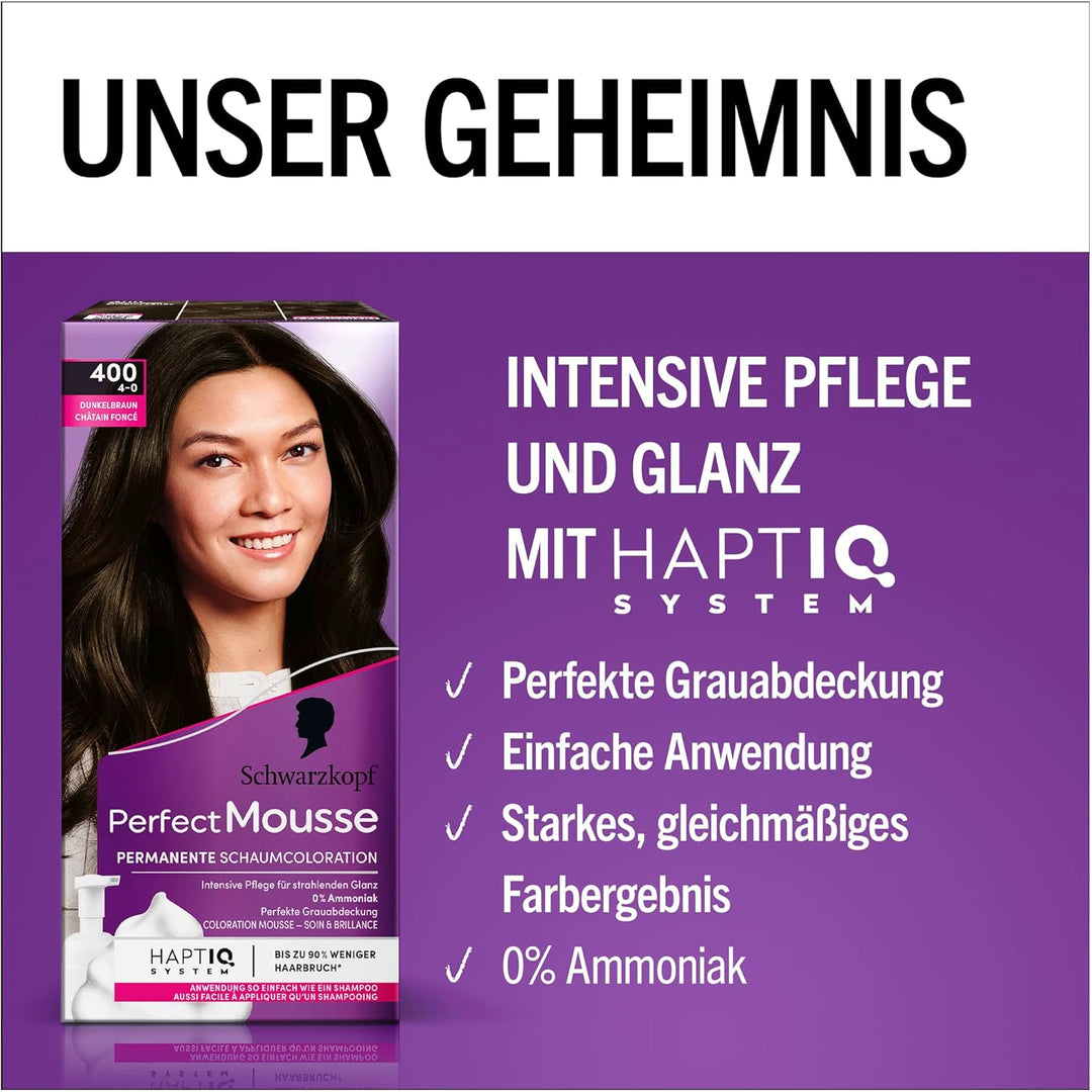 Schwarzkopf Perfect Mousse Permanente Schaumcoloration 400/4-0 Dunkelbraun (3 x 92,5 ml), Haarfarbe