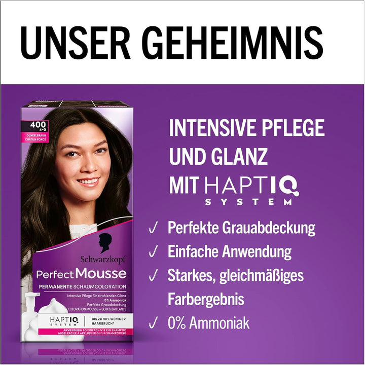 Schwarzkopf Perfect Mousse Permanente Schaumcoloration 400/4-0 Dunkelbraun (3 x 92,5 ml), Haarfarbe
