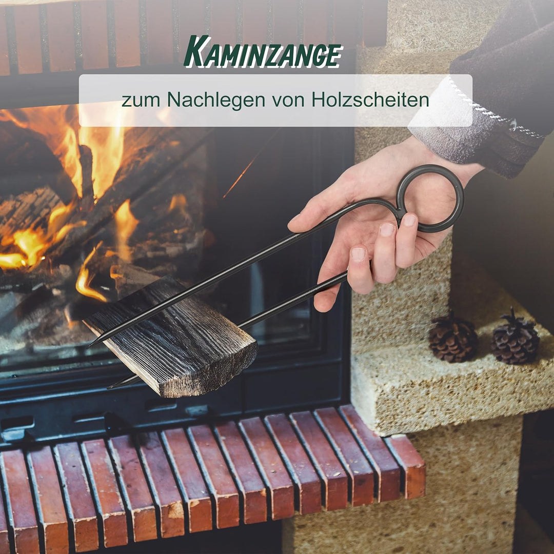 Relaxdays Kaminbesteck, 5-tlg. Set, Schürhaken, Ascheschaufel, Besen, Zange & Ständer, Ofengarnitur,