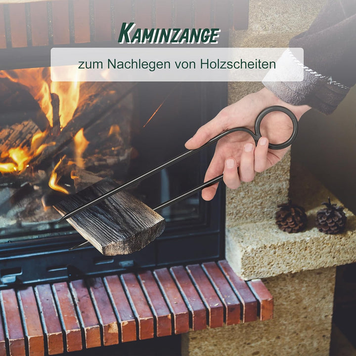 Relaxdays Kaminbesteck, 5-tlg. Set, Schürhaken, Ascheschaufel, Besen, Zange & Ständer, Ofengarnitur,