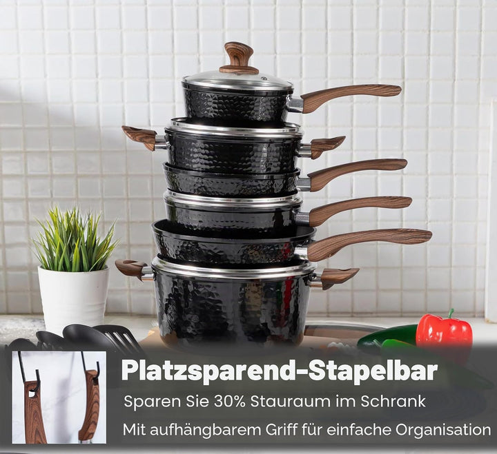 Induktions Töpfe Set 15-teilig, Kochtopf Set mit Glasdeckeln, Granit Töpfe und Pfannen Set Schwarz,