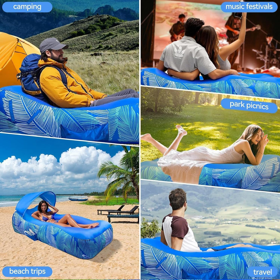 Aufblasbares Sofa (70 x 190 cm) mit Sonnenschutz | Luftliegestuhl, Outdoor-Luftkissen, Luftsitzsack,