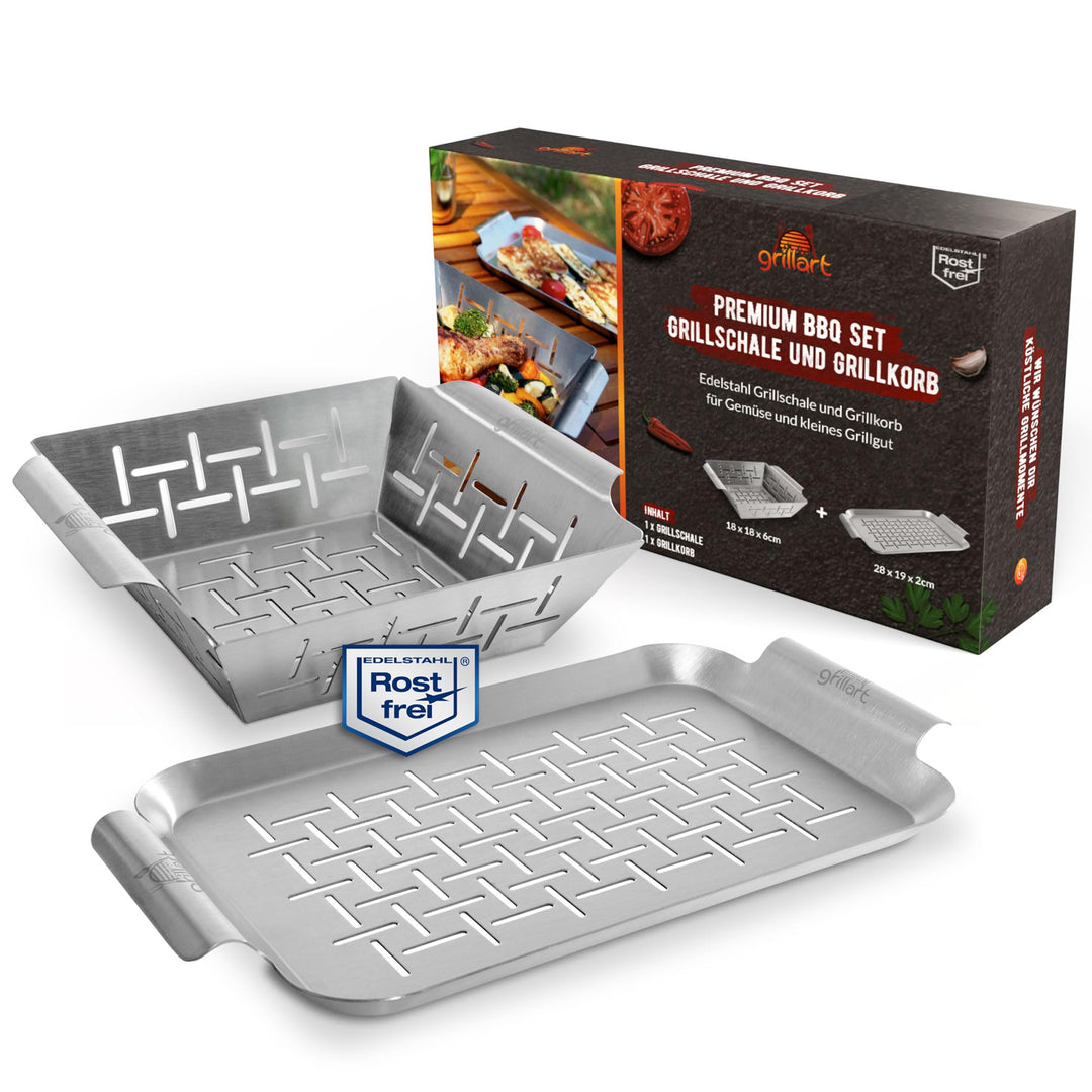 grillart® Premium Grillkorb und Grillschale Edelstahl (im Set), als Fisch-Grill und Grillschale verw