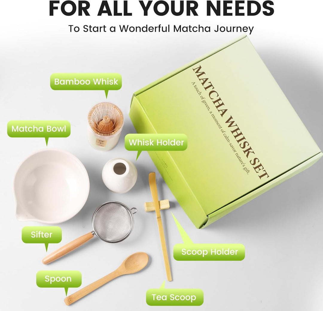 Accwork Matcha Set, 7er-Set Macha Tea Set Matcha zubehör mit Matcha Löffel, Matcha Schale mit Auslau