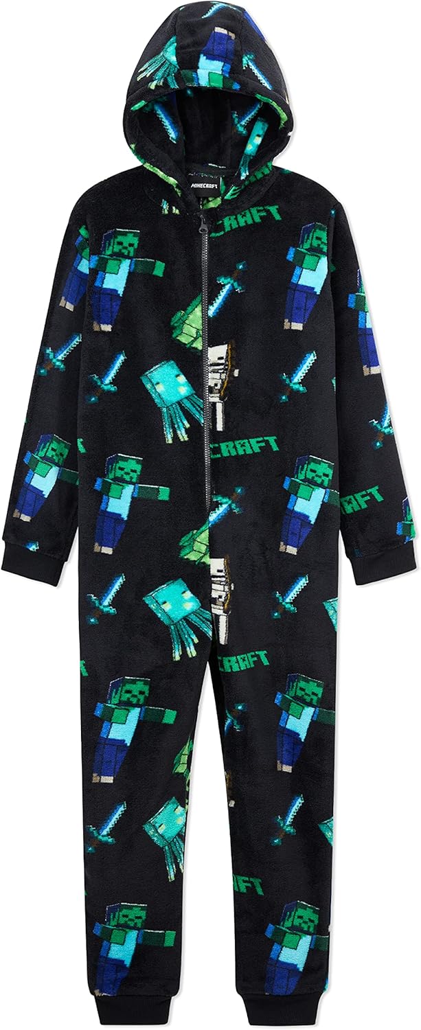 Minecraft Fleece Jumpsuit Kinder Jungen Schlafoverall mit Kapuze, Gamer Geschenke für Kinder Teenage