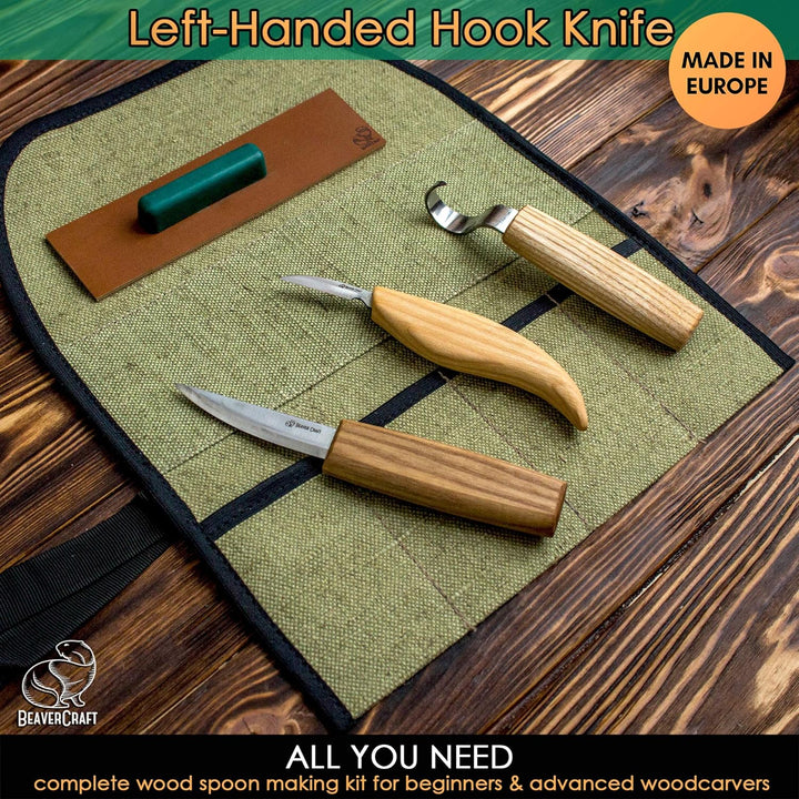 BeaverCraft S13L Holzschnitzerei Werkzeuge Set für Löffelschnitzen 3 Messer in Werkzeugsrolle Abzieh