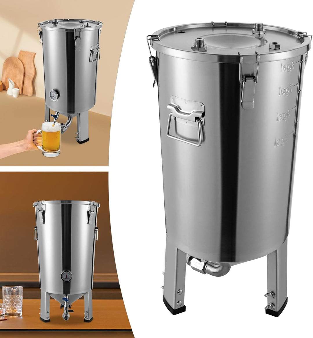 32L Edelstahl Gärfass für Hausgebrauch mit Kühler, Konischer Gärtank zur Bier- und Weinherstellung,