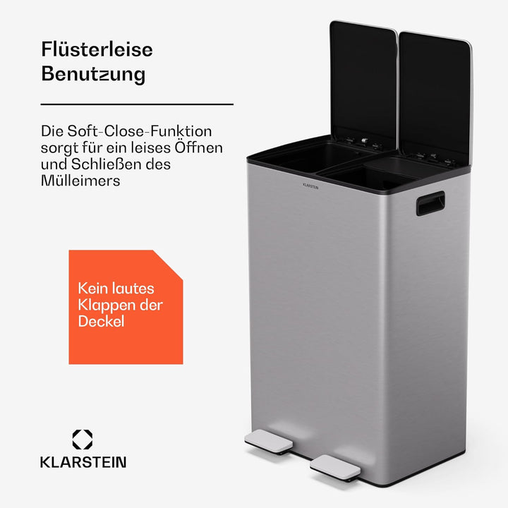 Klarstein EcoVista Mülleimer - 60L Abfalleimer mit 2 Fächern & 3L Kompostbehälter, Soft-Close, Edels