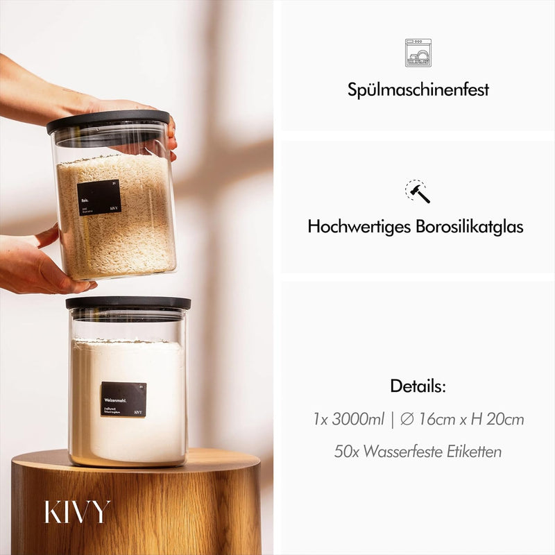 KIVY Grosses Vorratsglas mit transparenten Glasdeckel [3000ml] Luftdichtes - für Waschmittel - Wasch
