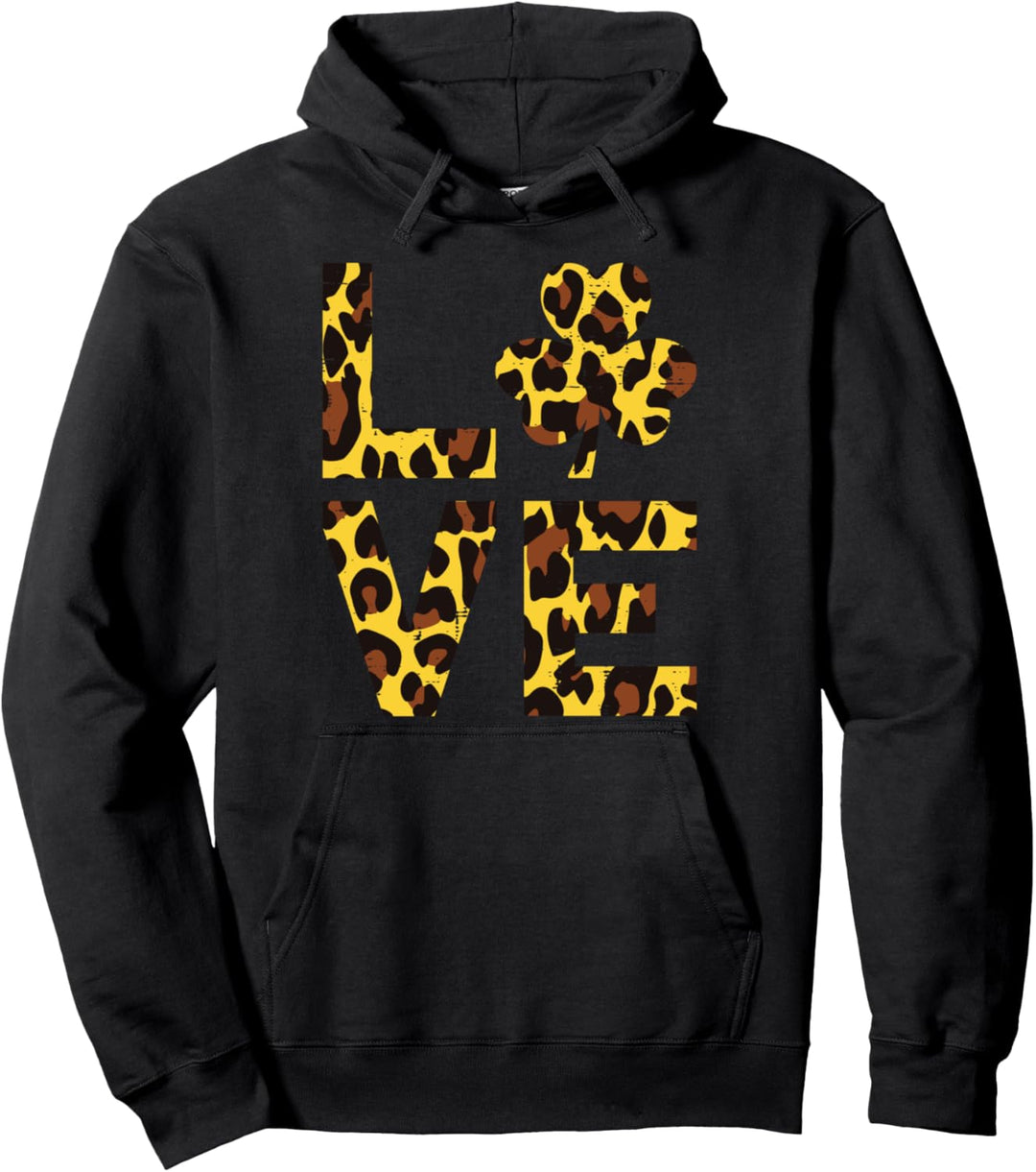 Leopard Print Love Shamrock St Patricks Day Girls Women Gift Pullover Hoodie