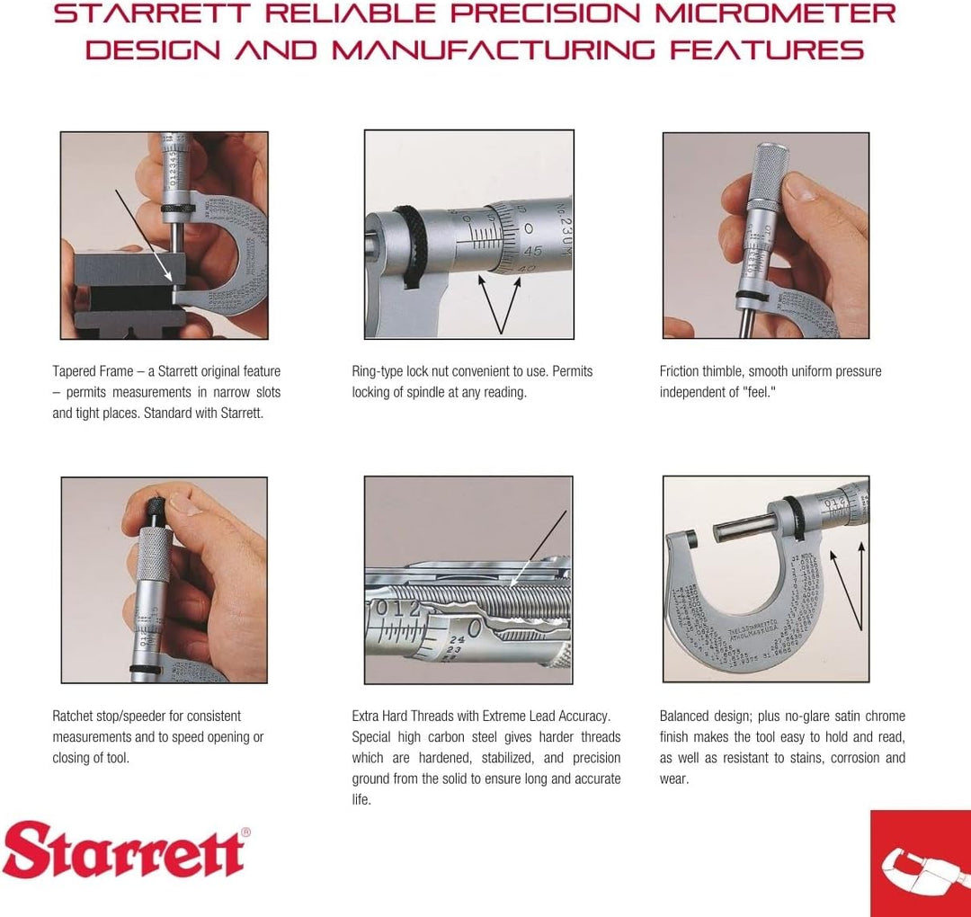 Starrett 436.1XRL-1 Aussenmikrometer, Ratschenanschlag, Kontermutter, Hartmetallflächen, Bereich 0-1