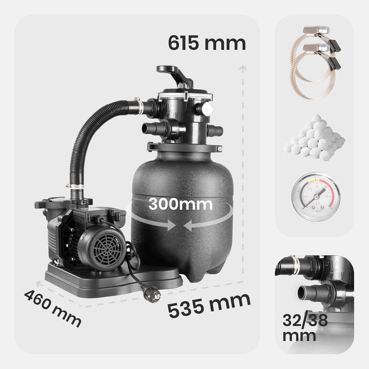 Arebos Sandfilteranlage mit Pumpe inkl. 1400g Filterbälle + 2m Schlauch | Schwarz | 400W | 10.200 L/