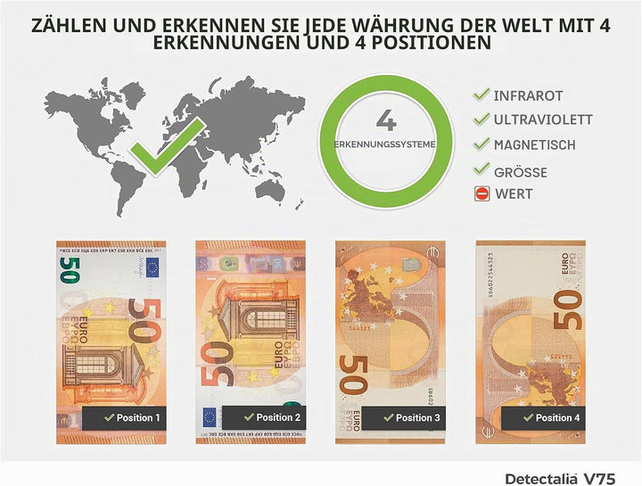 Detectalia V75 Banknotenzähler und Geldscheinprüfer für jede Währung, 27 x 21 x 24 cm Ungemischte Ba