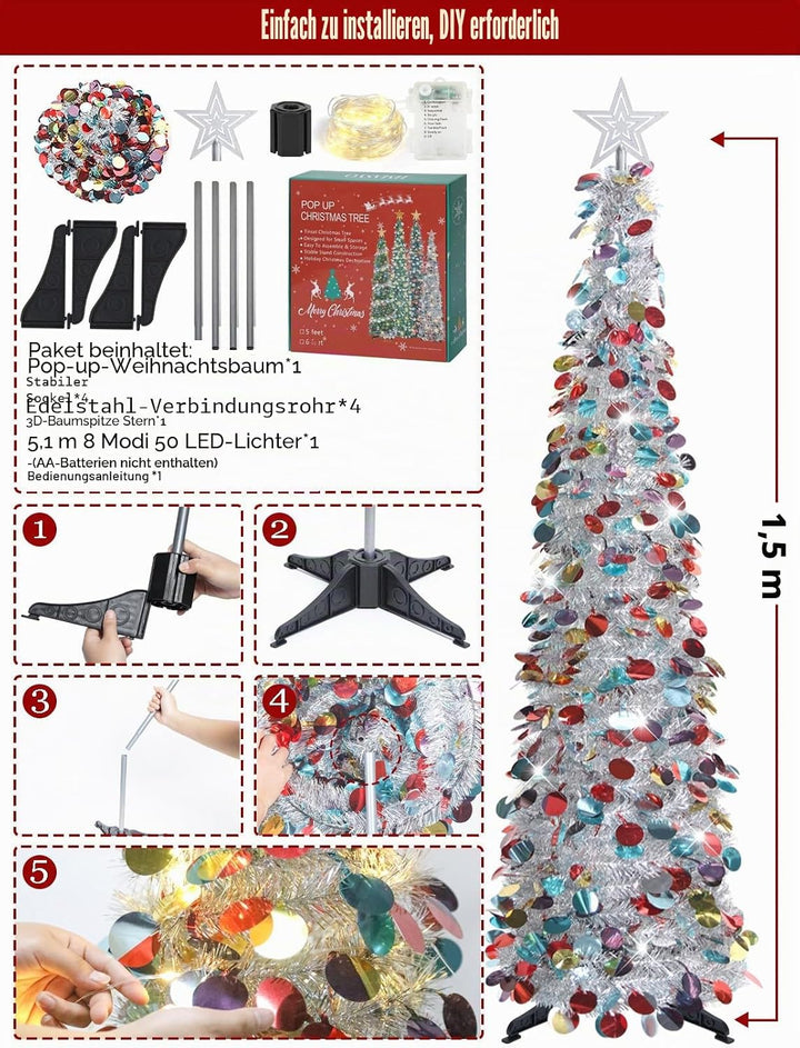 HMASYO 150 cm Pop-Up Lametta Weihnachtsbaum mit 50 Timer-Lichtern, Buntes Silber Zusammenklappbarer