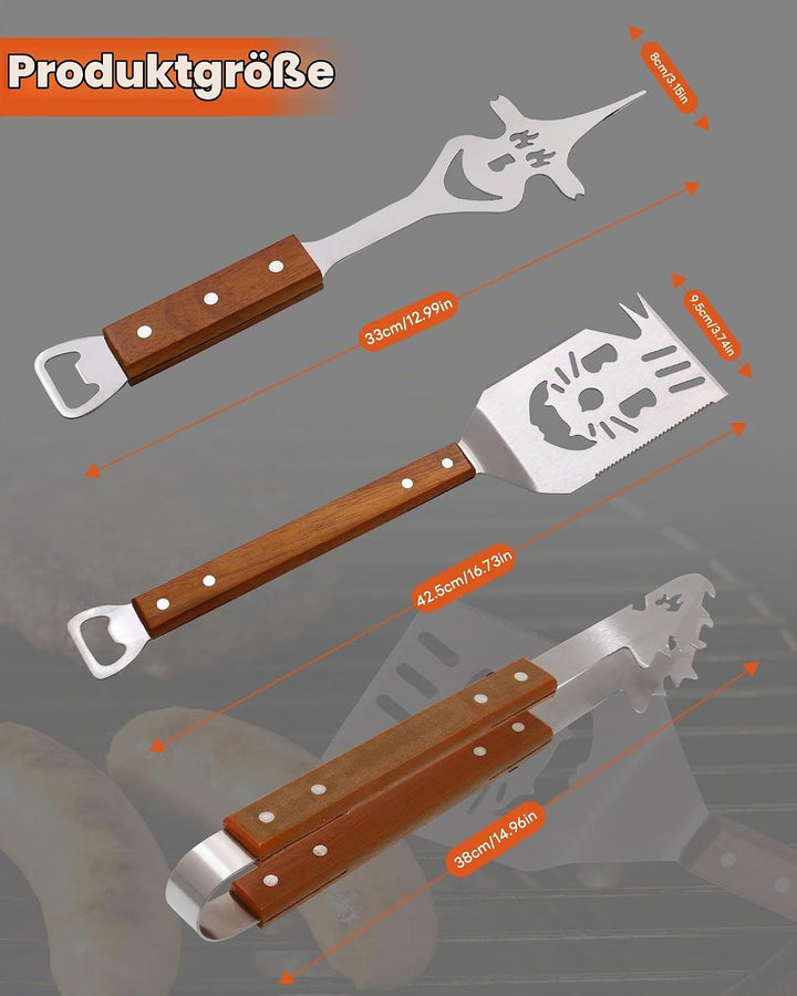 Grillbesteck Set 3-TLG Grillzubehör mit Grillzange, Grillwender, Fleischgabel Grill Zubehör Geschenk