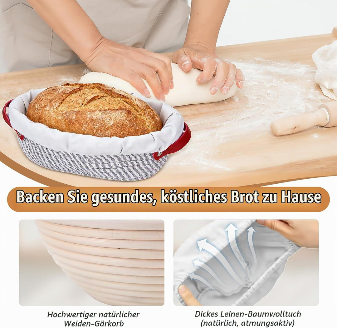 Sauerteig Starter Set 11-Teilig, 2 Gärkörbchen und Brot Backen Zubehör, Rund und Oval Brotkorb Zum B