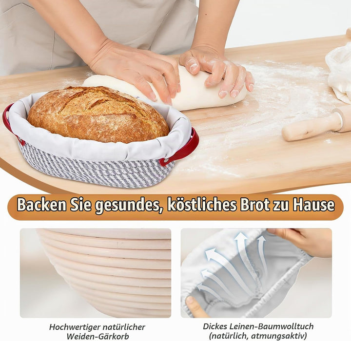 Sauerteig Starter Set 11-Teilig, 2 Gärkörbchen und Brot Backen Zubehör, Rund und Oval Brotkorb Zum B
