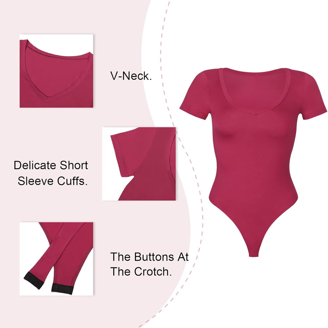 RoomTour Body Damen Elegant Kurz Bodysuit Tops Damenbody for damen Stringbody V Kragen, XS 2-Rot