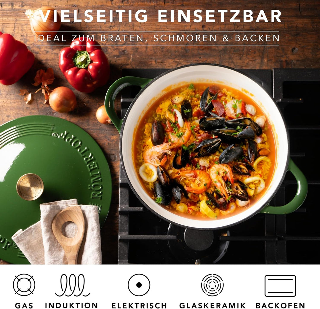 Römertopf Schmorpfanne Gusseisen 28 cm 2,4 L mit Deckel, Tiefgrün, Tiefgrün