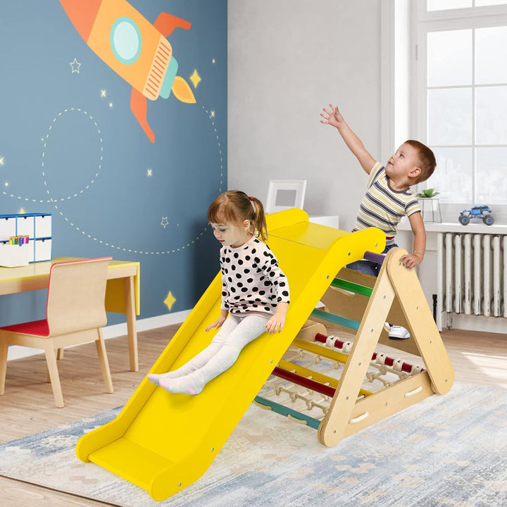DREAMADE 4 IN 1 Kletterdreieck mit Rutsche und Kletternetz, Holzdreieck Kletterspielzeug aus Holz, I
