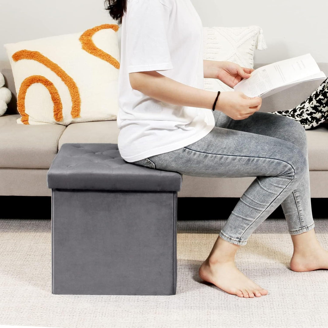 Bonlife Faltbarer Sitztruhe mit Stauraum,Samt Sitzwürfel Couch Hocker,Aufbewahrungsbox mit Deckel,Fu