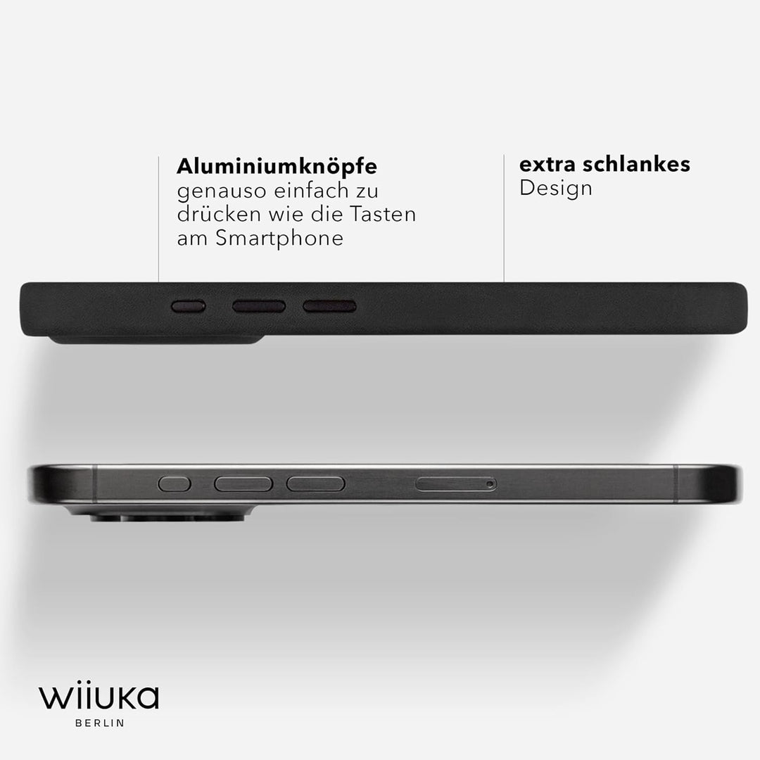 WIIUKA Hülle für iPhone 15 Pro, Leder aus Deutschland, Lederhülle extra Dünn, Premium Handyhülle, Ca