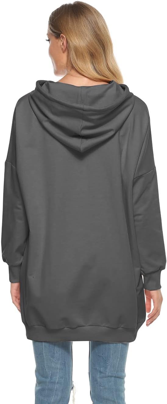 Famulily Damen Oversized Hoodie Kleid Baumwolle Lang Sweatshirt mit Kapuze Einfarbige Kapuzenpullove