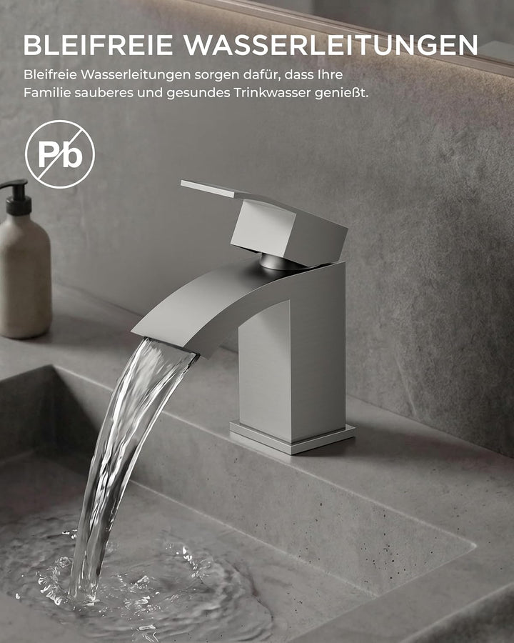 FORIOUS Wasserhahn Bad mit Ablaufgarnitur, Wasserfall Waschtischarmatur mit Auslauf Höhe 60 mm, Misc