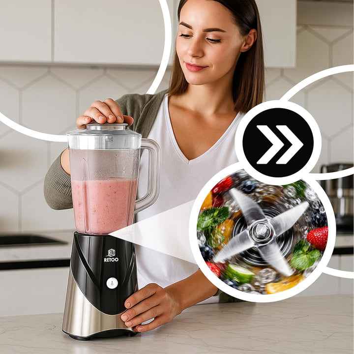 Retoo Blender Standmixer 10-in-1, 1,2L Edelstahl, 2x Bidons, Smoothie Maker mit Ice-Crush Funktion,