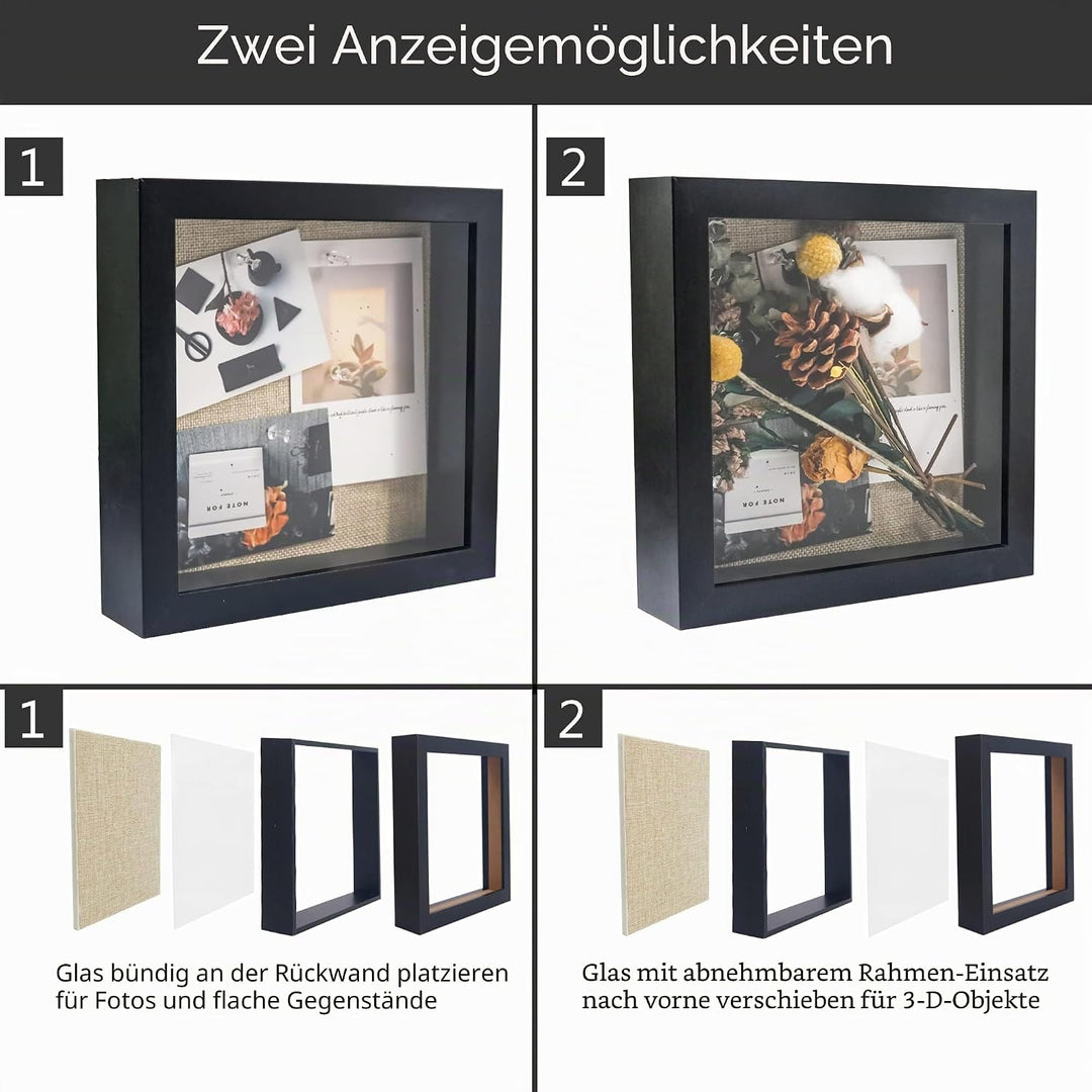 GraduatePro Bilderrahmen zum Befüllen Tief für Objekte Schwarz mit Glas Hochzeit 3D Box Deko Wand Od