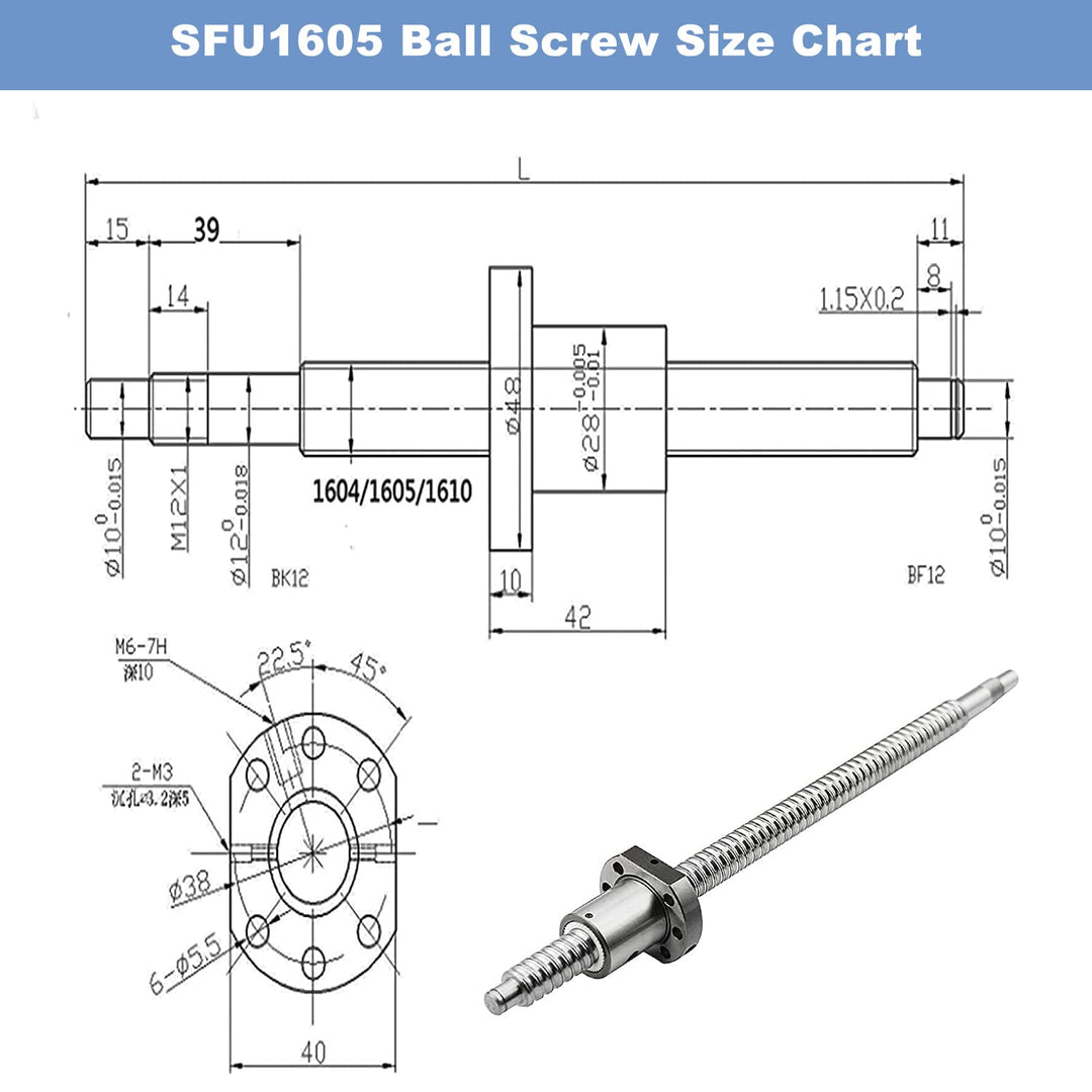CNCMANS Kugelumlaufspindel SFU1605 600mm Edelstahl Gerollte ballscrew mit BK12 / BF12 Endunterstützu