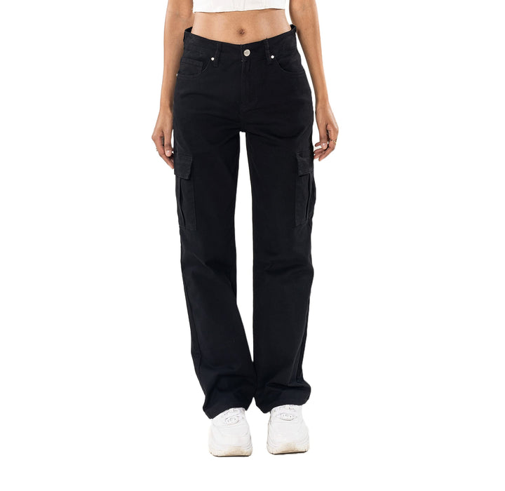 Q1885 Damen Cargo Jeans High Waist Cargohose Stretch Straight Leg Hose, S Schwarz (Q1885-1)