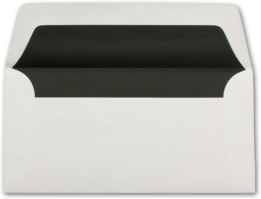 100 Briefumschläge Weiss - DIN Lang - gefüttert mit schwarzem Seidenpapier - 22 x 11 cm - Nassklebun