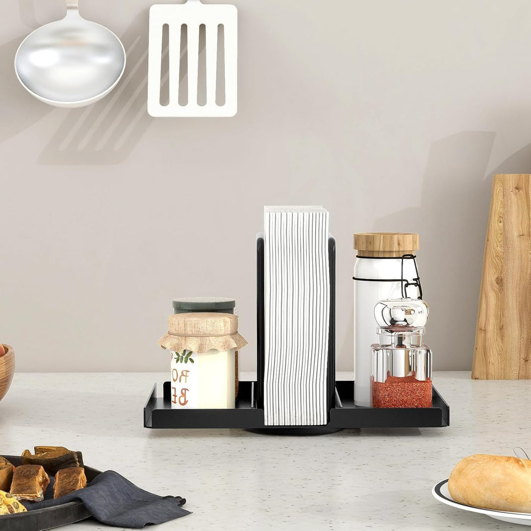 Drehbarer Serviettenhalter Schwarz, Serviettenhalter aus Metall mit Caddy für Salz- und Pfefferstreu