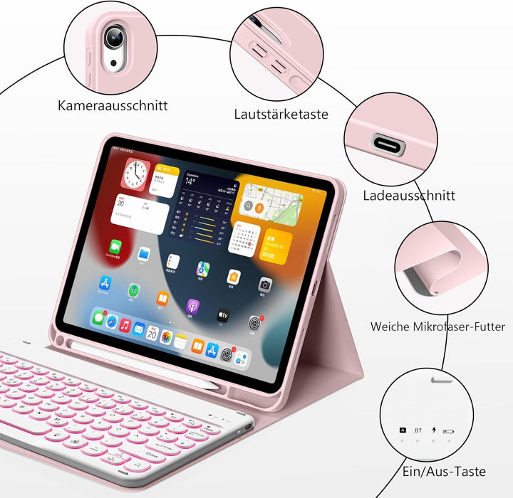 Hülle mit Tastatur für iPad 11 Generation A16/10 Generation (11/10.9 Zoll,2025/2022),7-farbige Beleu