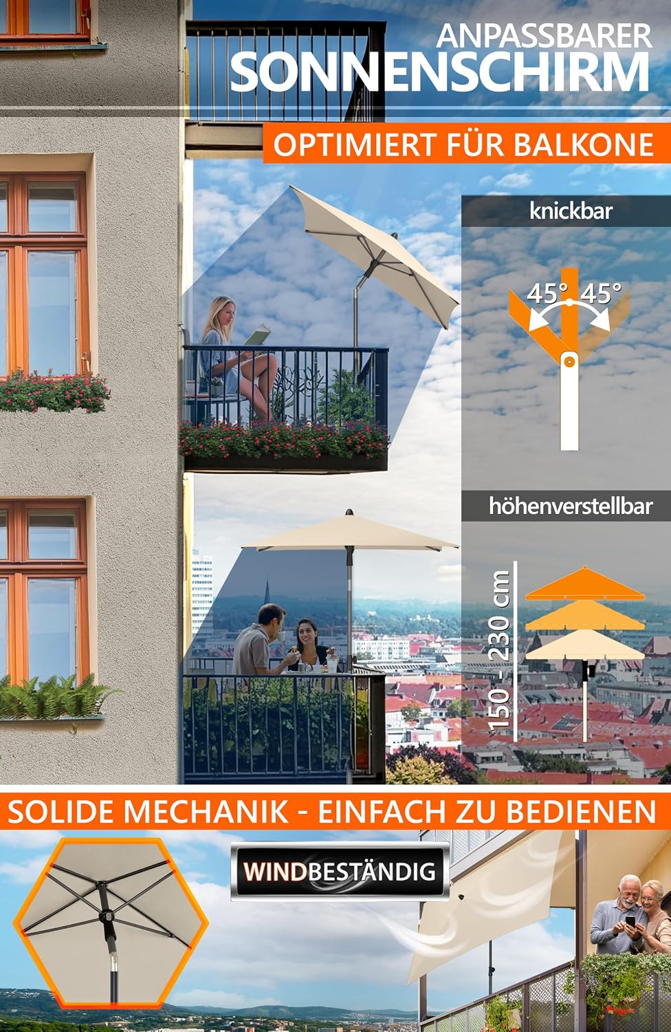 4smile Sonnenschirm Balkon, 3-in-1 SET - Sonnenschirm rechteckig 200 x 125 cm, UPF 50+, Sonnenschirm