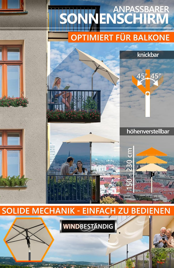 4smile Sonnenschirm Balkon, 3-in-1 SET - Sonnenschirm rechteckig 200 x 125 cm, UPF 50+, Sonnenschirm