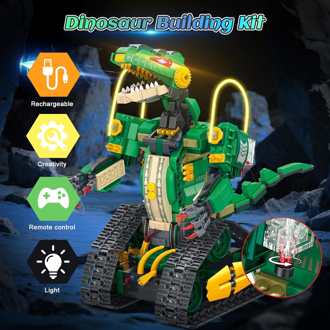 Technik Roboter für Kinder mit Licht - 5 in 1 Dinosaurier Fernbedienung Bausatz, 877 Teile RC Robot