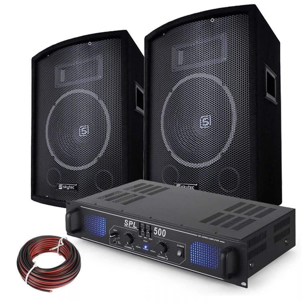 SkyTec - DJ Lautsprecher Set, Mobile PA Anlage Komplettset, 500 Watt, DJ Set Komplett, 2X Vonyx SL10
