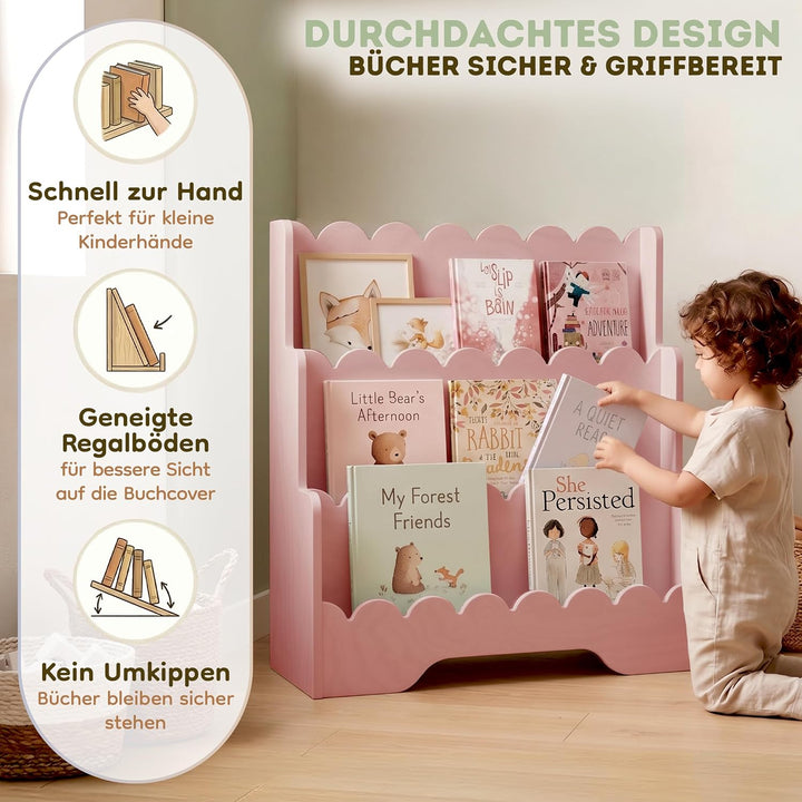 smartwood Montessori Bücherregal Kinder, FSC-Kiefernholz, Rosa, LULU | 3-stufig, 64x31,5x71 cm, Einf