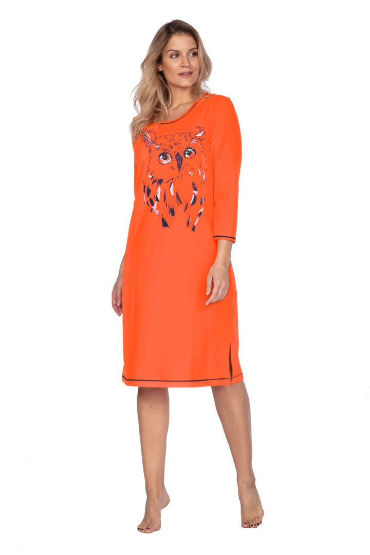 e.Femme® Damen Nachthemd Jenny 1113 aus 93% Baumwolle und 7% Elasthan, mit Eule Orange 38, Orange 38