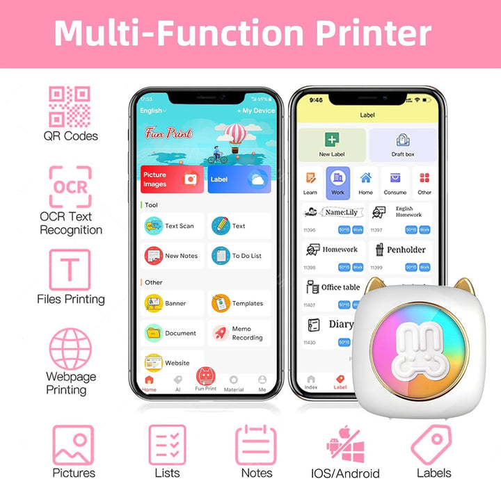 Mobiler Fotodrucker für Android & iOS - Mini Bluetooth Drucker, Wireless mit 14 Rollen Papier für Jo