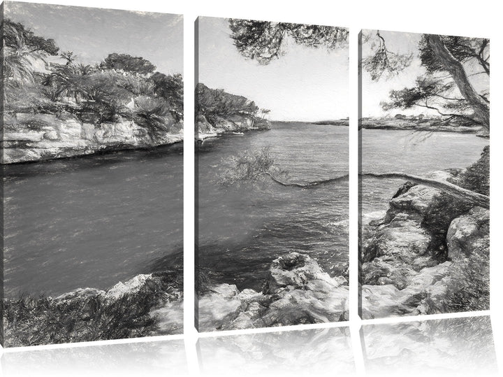 Pixxprint Idyllische Ansicht des Mittelmeers am Mallorca Bay Cove Kunst Kohle Effekt 3-Teiler Leinwa