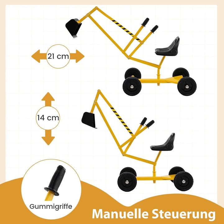 COSTWAY Sitzbagger 360° drehbar, Bagger zum Draufsitzen mit Schaufel & Rädern, Kinderbagger Metall,