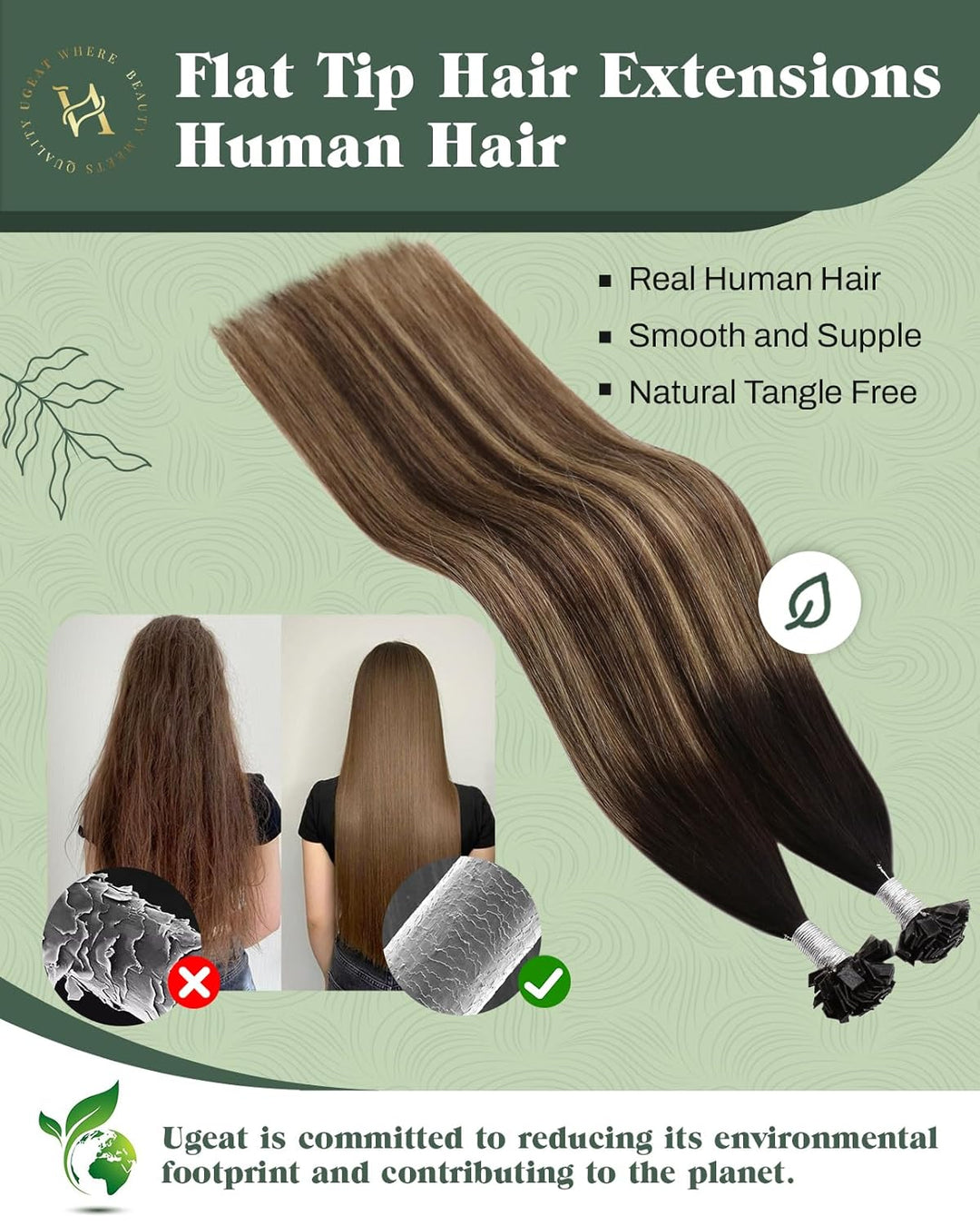 Ugeat Flat Tips Hair Balayage Ombre Keratin Fusion Glue Sticks Tips Naturlich Schwarz bis Dunkelbrau