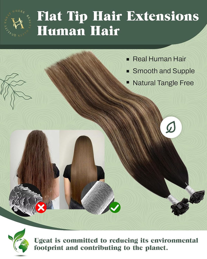 Ugeat Flat Tips Hair Balayage Ombre Keratin Fusion Glue Sticks Tips Naturlich Schwarz bis Dunkelbrau