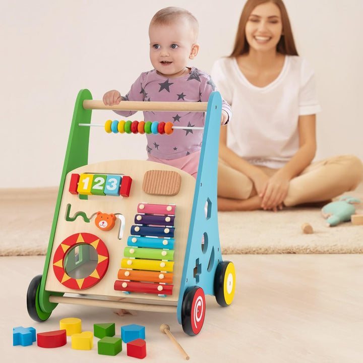 COSTWAY Baby Lauflernhilfe aus Holz, Lauflernwagen multifunktional mit glatten Griffe, Gummireifen &